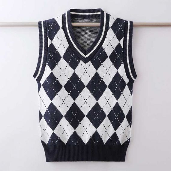 Colete de uniforme escolar jacquard sem mangas, suéter de algodão com gola V - 11769735