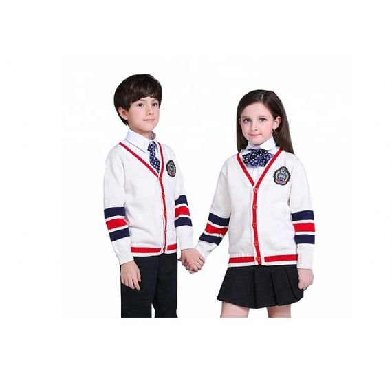 Cardigan escolar vermelho tricotado para crianças manga listrada padrão - 11769887