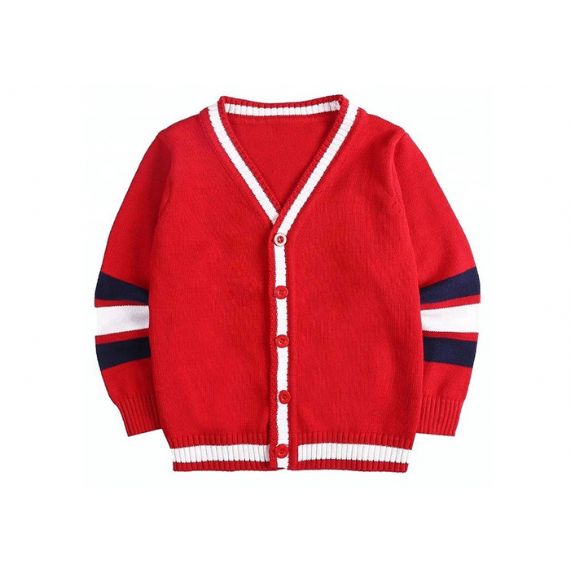 Cardigan escolar vermelho tricotado para crianças manga listrada padrão - 11769887