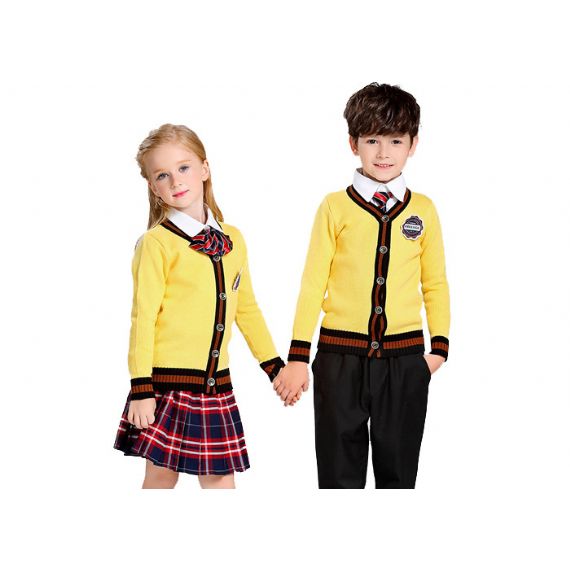 Camisolas de cardigã de roupas escolares infantis de algodão amarelo feitas sob medida - 11809525