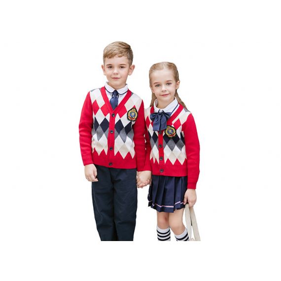 Suéteres de uniforme escolar com decote em V azul marinho cardigã padrão simples para meninos - 11809918