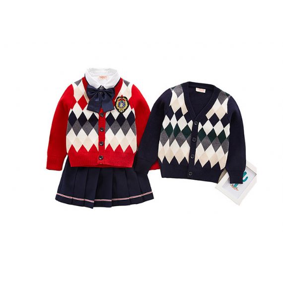 Suéteres de uniforme escolar com decote em V azul marinho cardigã padrão simples para meninos - 11809918