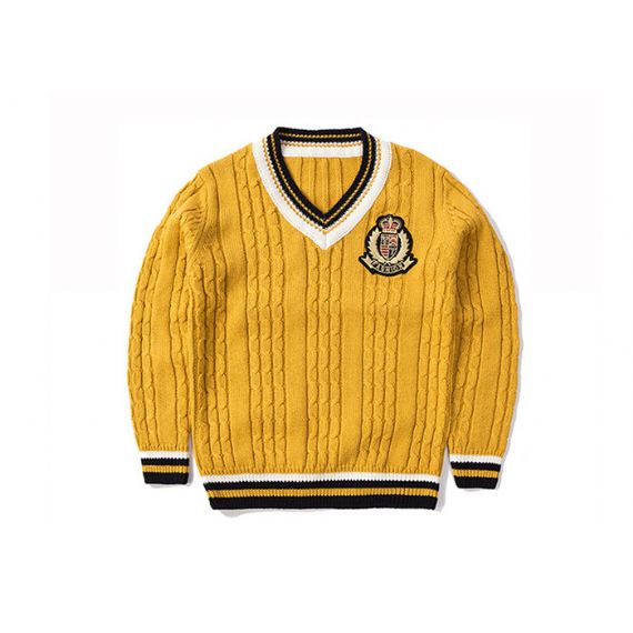 Suéter pulôver infantil de algodão com decote em v grosso cabo tricotado - 11810718