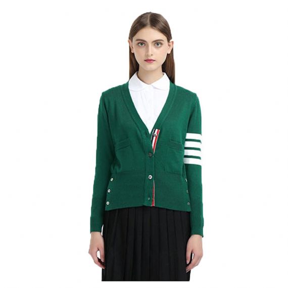 Cardigan com decote em V com botão de algodão verde cardigã escolar para colagem de meninas - 11810883