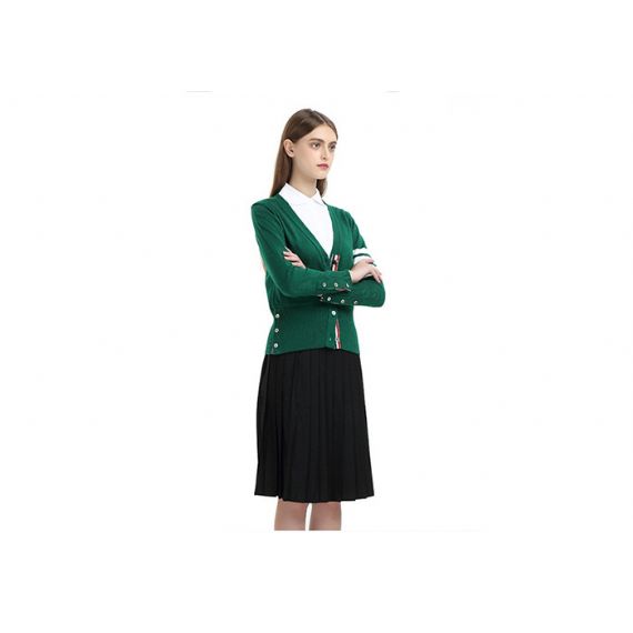 Cardigan com decote em V com botão de algodão verde cardigã escolar para colagem de meninas - 11810883
