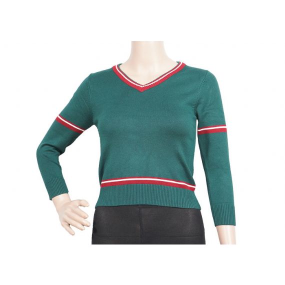 Suéter verde de decote em V com botão para uniforme escolar - 12324194