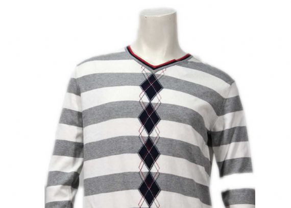 Suéter de rayas de hilo suave con cuello en V y patrones de tejido de intarsia de primavera para hombre - 11988057