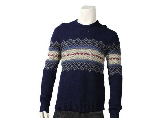 Jacquard Suéter de punto para hombre Suéter de lana azul marino con cuello en O y manga acanalada - 11999035