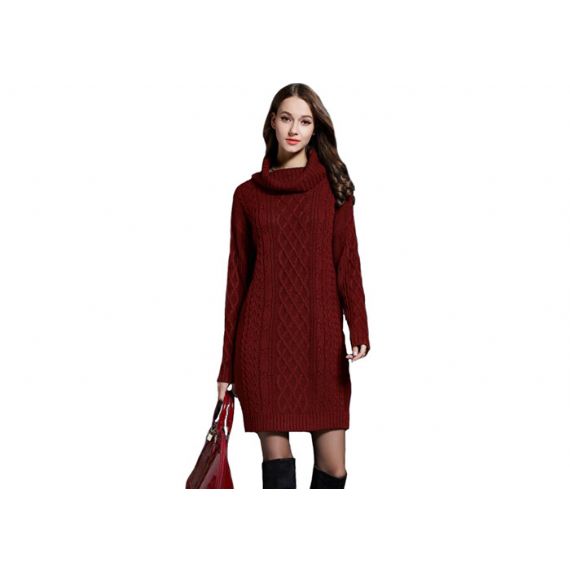 Suéter tricotado a cabo vermelho e cinza de malha aconchegante gola alta lã pulôver justo - 11202472