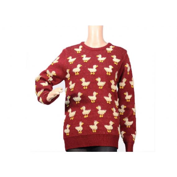 Suéter pulôver feminino gola careca vermelho mohair calibre 9 bonito padrão de malha de pato - 12090456