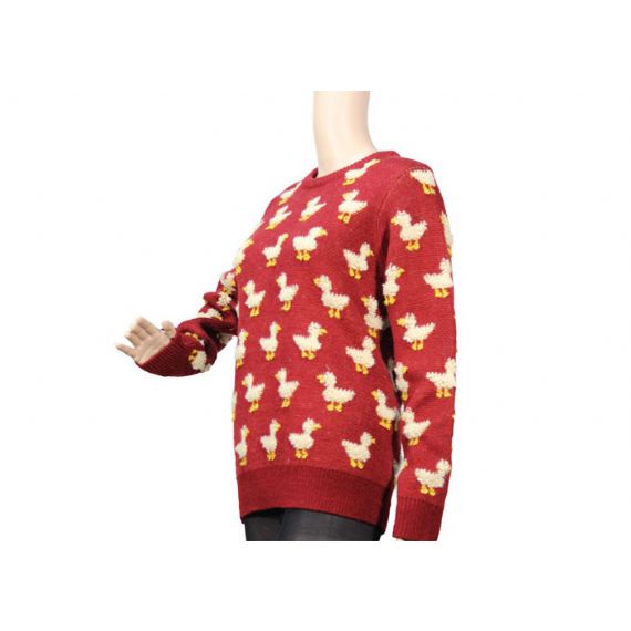 Suéter pulôver feminino gola careca vermelho mohair calibre 9 bonito padrão de malha de pato - 12090456