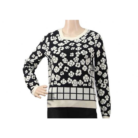 Suéter feminino gola redonda preta jacquard com padrão de flores para mulheres - 12091934