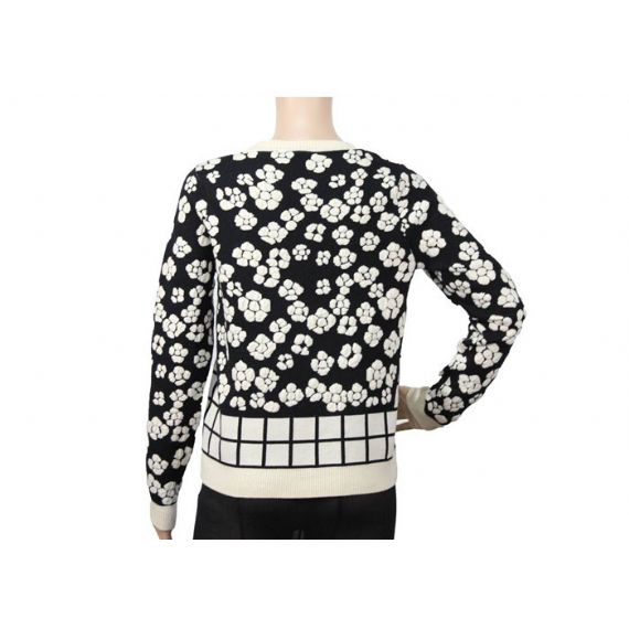 Suéter feminino gola redonda preta jacquard com padrão de flores para mulheres - 12091934