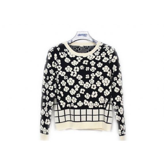 Suéter feminino gola redonda preta jacquard com padrão de flores para mulheres - 12091934