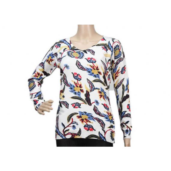 Suéter feminino 12GG fino branco manga longa gola careca estampado flor - 12092841