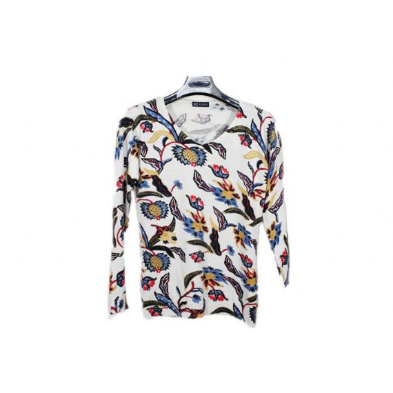 Suéter feminino 12GG fino branco manga longa gola careca estampado flor - 12092841