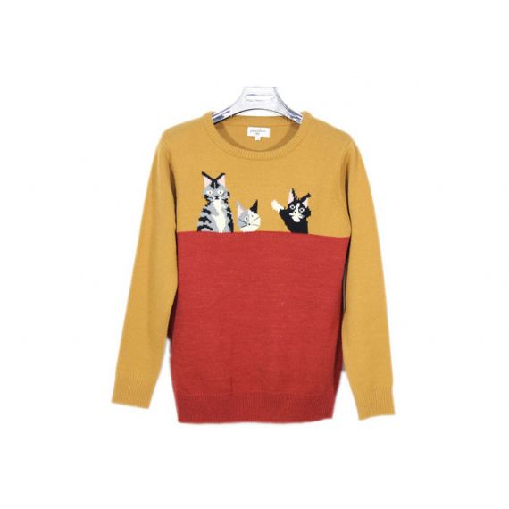 Jacquard vermelho e amarelo bonito padrão de gato malha camisola de malha para jovens senhoras - 12093445