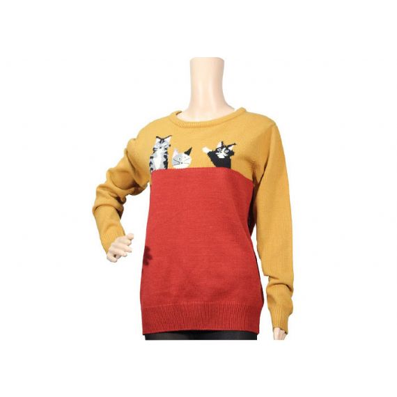 Jacquard vermelho e amarelo bonito padrão de gato malha camisola de malha para jovens senhoras - 12093445