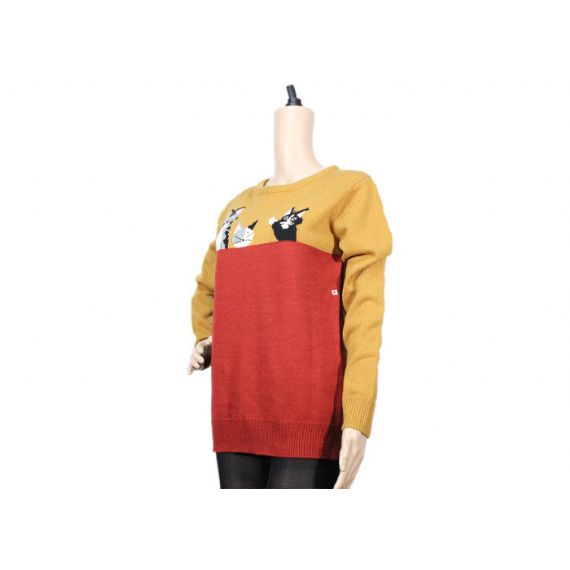 Jacquard vermelho e amarelo bonito padrão de gato malha camisola de malha para jovens senhoras - 12093445