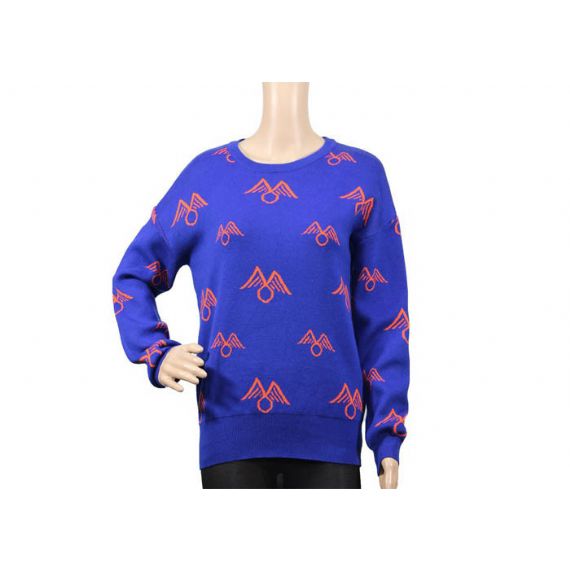 Suéter feminino de tricô longo azul acrílico jacquard suéter respirável outono gola redonda - 12093466