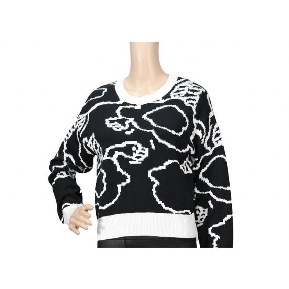 Suéter de malha feminina jacquard preto e branco de algodão puro, suéteres de primavera personalizados - 12099613