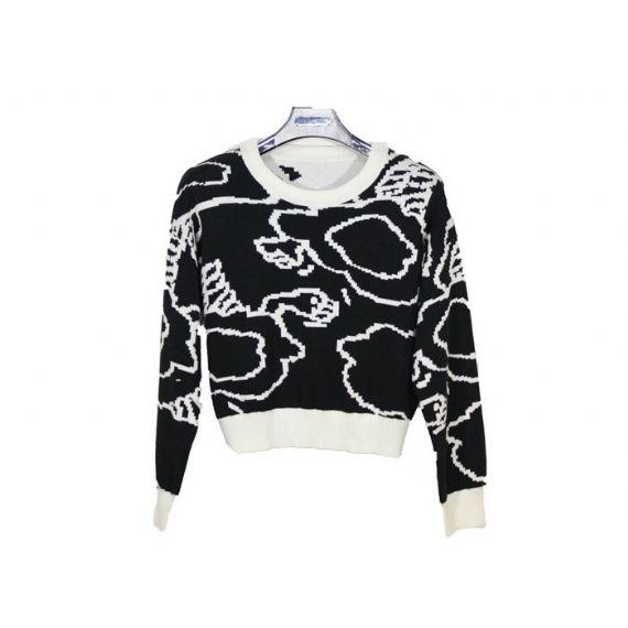 Suéter de malha feminina jacquard preto e branco de algodão puro, suéteres de primavera personalizados - 12099613
