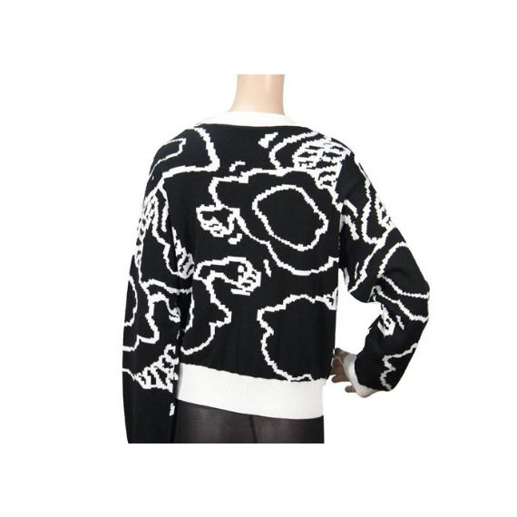 Suéter de malha feminina jacquard preto e branco de algodão puro, suéteres de primavera personalizados - 12099613