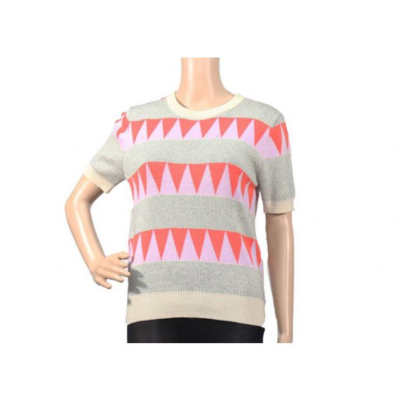 Suéter Jacquard Top Feminino de Malha Gola Crew Manga Curta para a Temporada de Verão - 12103031