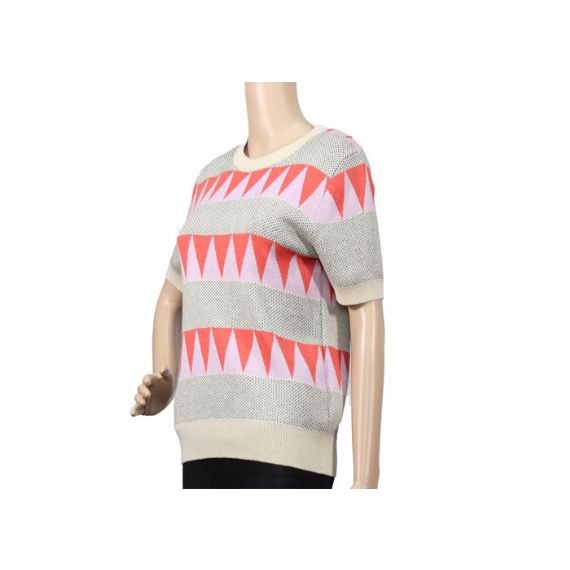 Suéter Jacquard Top Feminino de Malha Gola Crew Manga Curta para a Temporada de Verão - 12103031