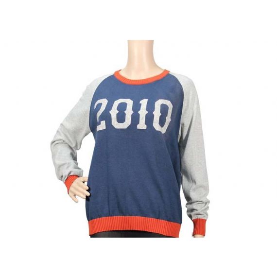 Suéteres de malha com gola redonda manga longa azul feminina padrão jacquard - 12103674