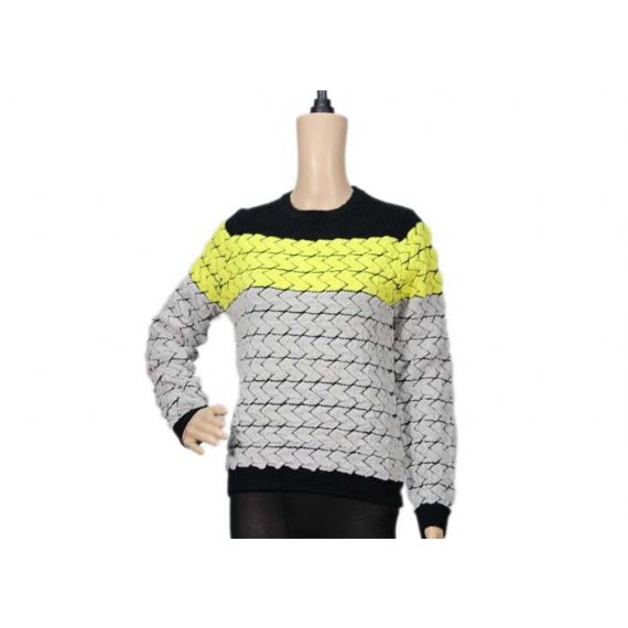 Suéter tricolor feminino manga longa gola redonda jacquard preto amarelo - 12104000