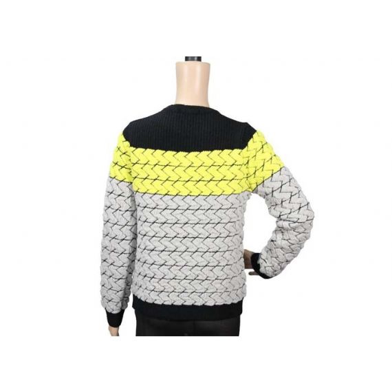 Suéter tricolor feminino manga longa gola redonda jacquard preto amarelo - 12104000