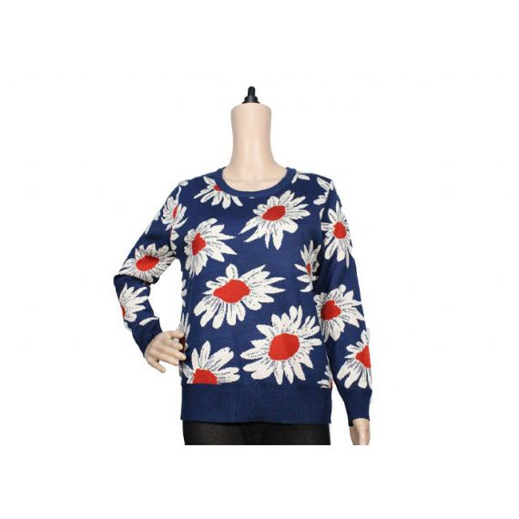 Suéter feminino de malha azul marinho feminino gola careca padrão jacquard para a primavera - 12105281