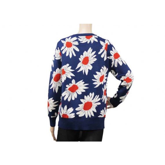 Suéter feminino de malha azul marinho feminino gola careca padrão jacquard para a primavera - 12105281