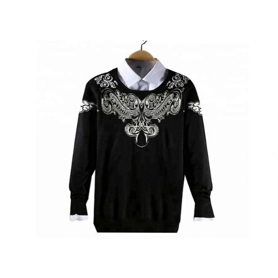 Suéter pulôver masculino preto com gola redonda de náilon manga longa com padrão jacquard - 11202604