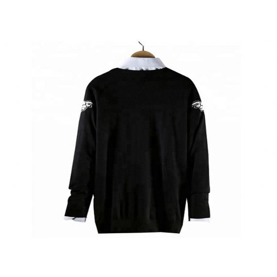 Suéter pulôver masculino preto com gola redonda de náilon manga longa com padrão jacquard - 11202604