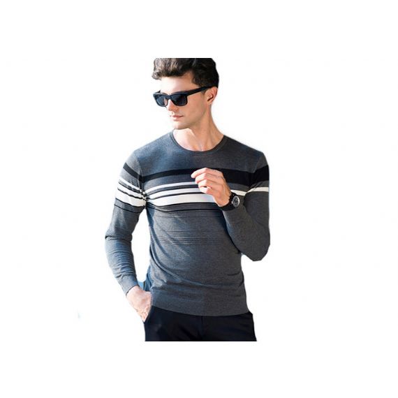 Suéter masculino casual de lã fina com gola redonda padrões de tricô estilo jacquard - 11202970