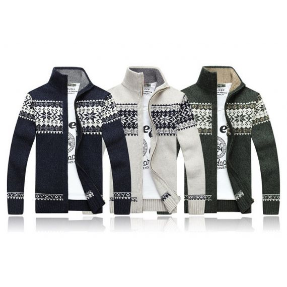 Colarinho Outono Manga Longa Zíper com Malha Jacquard Cardigan Suéter Masculino - 11611850