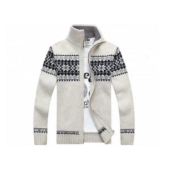 Colarinho Outono Manga Longa Zíper com Malha Jacquard Cardigan Suéter Masculino - 11611850
