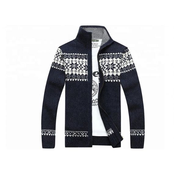 Colarinho Outono Manga Longa Zíper com Malha Jacquard Cardigan Suéter Masculino - 11611850