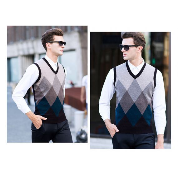 Suéter masculino xadrez padrão jacquard sem mangas - 11613103