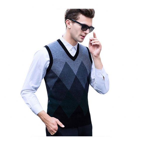 Suéter masculino xadrez padrão jacquard sem mangas - 11613103