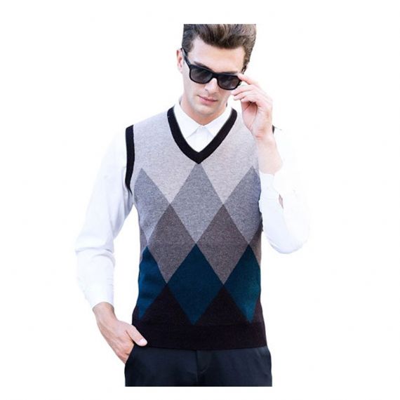 Suéter masculino xadrez padrão jacquard sem mangas - 11613103