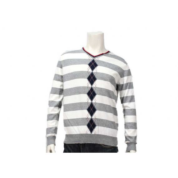 Suéter pulôver listrado com estampa de tricô decote em v decote em v macio listrado - 11988057