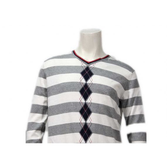 Suéter pulôver listrado com estampa de tricô decote em v decote em v macio listrado - 11988057