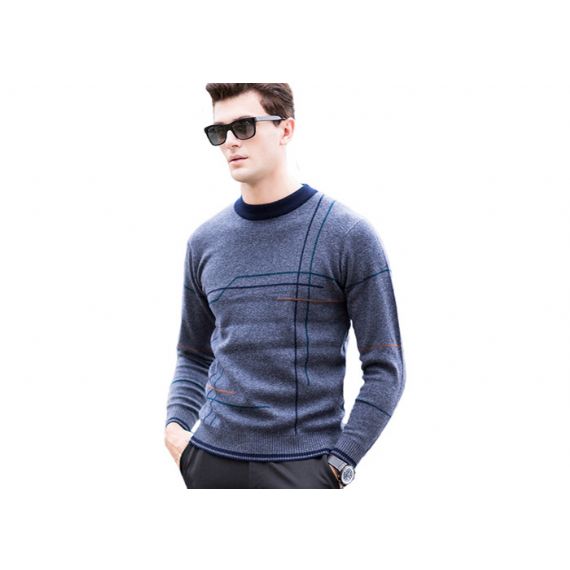 Suéter pulôver masculino com gola redonda padrão listrado design intarsia para inverno - 11202964