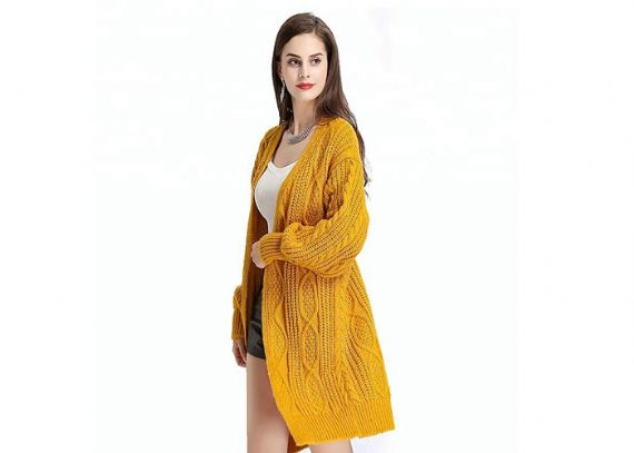 Winter Cable Cozy Knit Sweater Yellow Thick Open Front Cardigan For Woman - 11202473