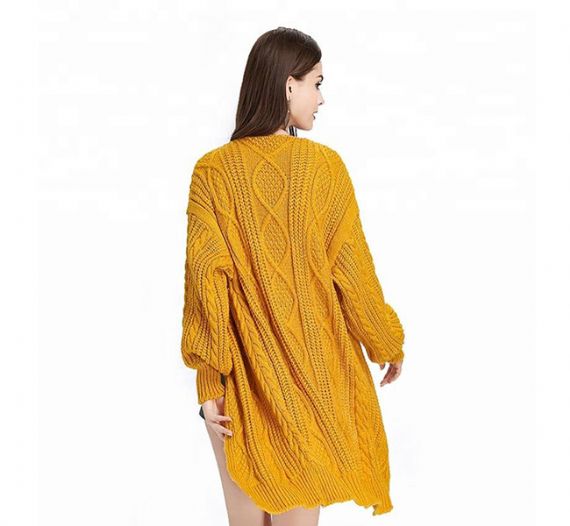 Winter Cable Cozy Knit Sweater Yellow Thick Open Front Cardigan For Woman - 11202473
