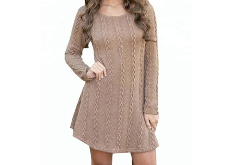 Long Women Round Neck Hollowed - Out Pullover Cable Knit Sweater Dress - 11202537