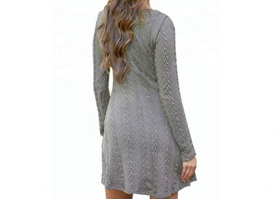 Long Women Round Neck Hollowed - Out Pullover Cable Knit Sweater Dress - 11202537